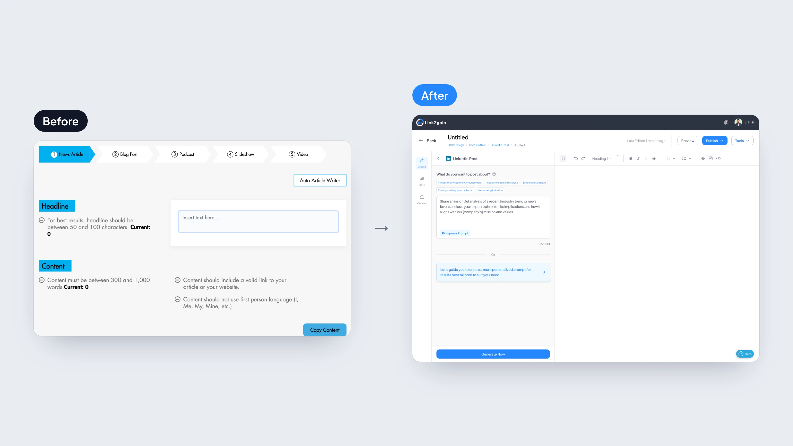 Before: the old article form with its Auto Article Writer button and writing rules. After: the new LinkedIn post editor with ready-made prompts