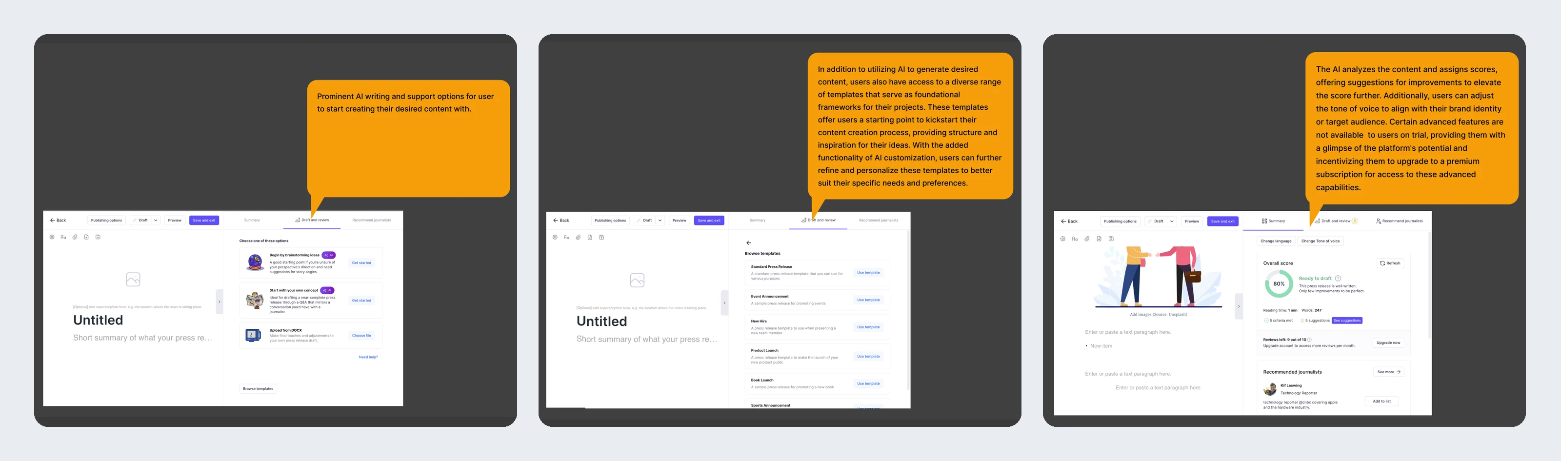 Three annotated reference screens from another PR tool: a choice of ways to start writing, a template library, and a content score with suggestions.