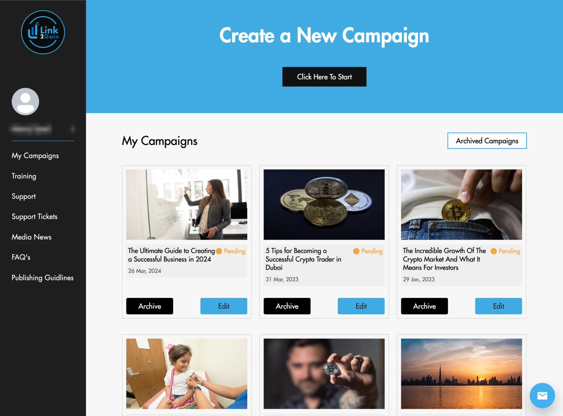 The old Link2Gain My Campaigns page, with the user name blurred