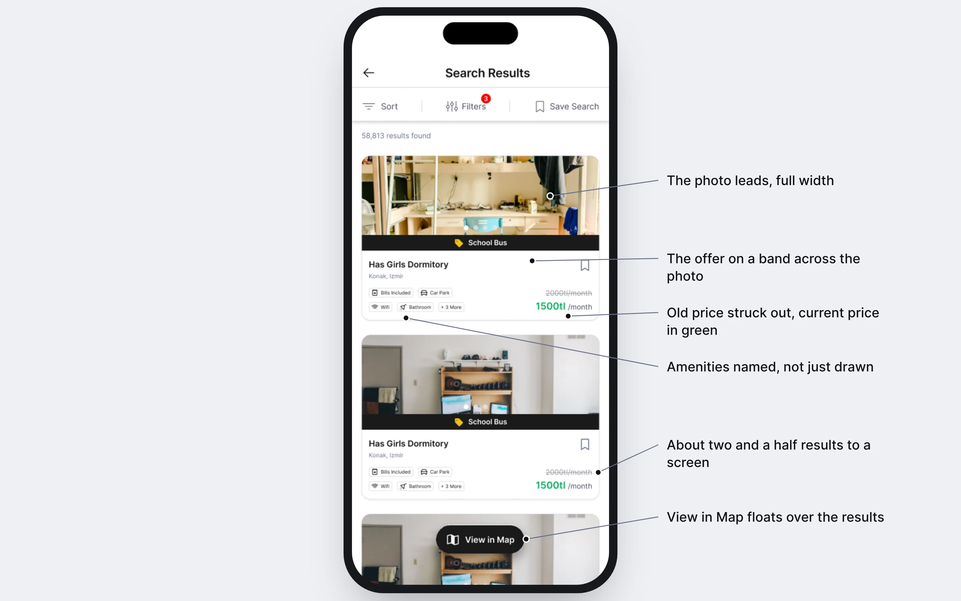 The final search results: full-width photo cards with an offer band, the old and current price, named amenities and a floating View in Map button.